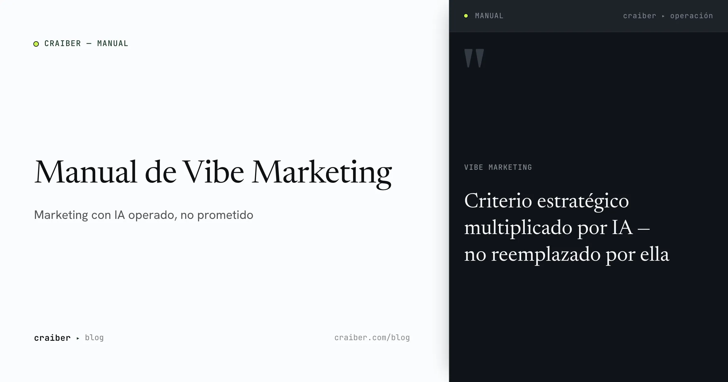 Portada: Manual de Vibe Marketing — criterio estratégico más IA, no la promesa de reemplazar al equipo